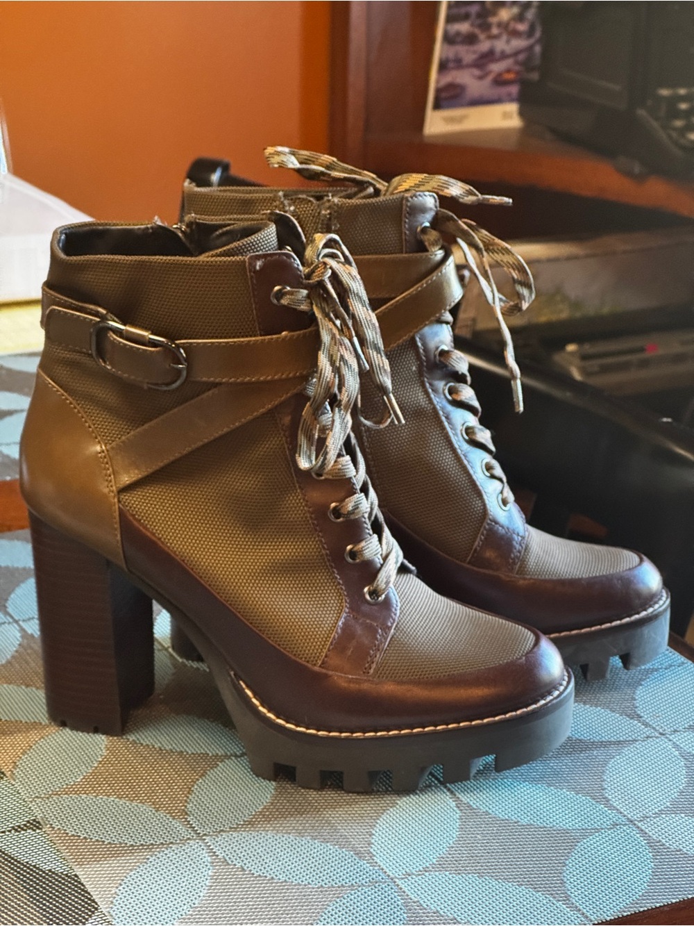 ANTONIO MELANI Olive and Brown Lace-Up Chunky Heel Ankle Boots